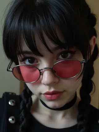 Close-up of a goth girl wearing red-tinted wire-rimmed glasses, with pale skin, braided black hair in pigtails, and a black choker necklace.