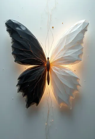 A geometrical butterfly with one piano black wing and one white porcelain wing, featuring translucent facets and golden veins against a soft gray background, glowing ethereally.