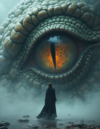 A colossal reptilian dragon eye with detailed scaly texture and glowing orange pupil watches over a solitary human figure in a flowing black robe standing on misty water.