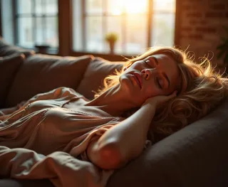 Elegant blonde woman peacefully napping on a velvet sofa with silken clothes, bathed in warm afternoon sunlight through large loft windows.