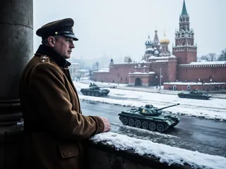 Side view of a Soviet military general in a long coat and cap on a snowy balcony overlooking Red Square and Kremlin as tanks pass by under dramatic lighting.