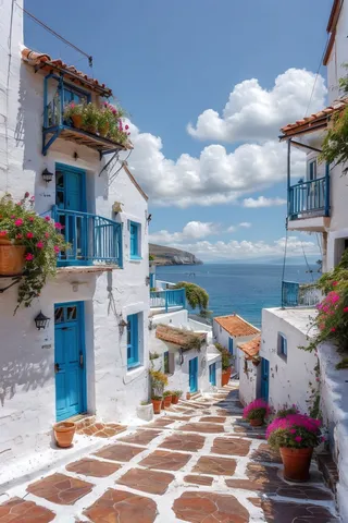 Prédios brancos com portas azuis e varandas decoradas com vasos de flores alinhando uma escada de pedra com vista para um mar azul claro sob um céu claro com nuvens brancas fofas.