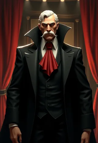 Portrait of Dracula styled in Team Fortress 2 with white hair, large mustache, black coat, red cravat, standing in a fancy mansion with red curtains