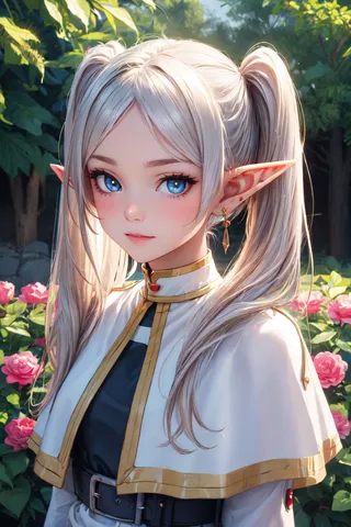 A beautifully detailed portrait of an elf girl with long silver twin-tailed hair and blue eyes, standing in a vibrant garden with pink flowers, wearing a white capelet with gold trim and elegant jewelry.