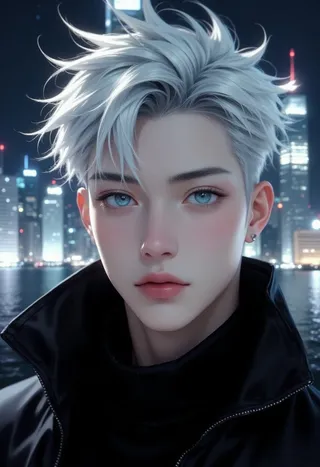 Portrait of a man with striking white hair and piercing blue eyes wearing a black jacket against a blurred cityscape at night with illuminated buildings.