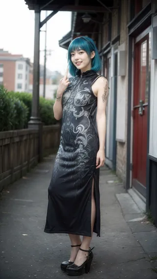 Young woman with electric blue hair wearing an edgGD goth dress stands outdoors on a narrow urban path, giving a middle finger gesture with a light smile.