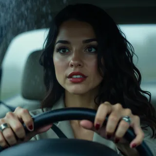 Realistic close-up portrait of a woman with long dark hair driving a car in the rain, gripping the steering wheel with rings on her fingers.