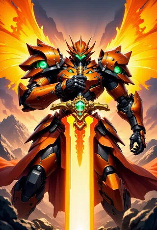 A giant orange mecha knight wearing detailed mechanical armor with green glowing eyes and glowing orange wings spread behind, holding a large glowing sword vertically.
