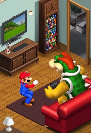 Isometric Sims style low poly room featuring Mario and Bowser sitting together watching TV.