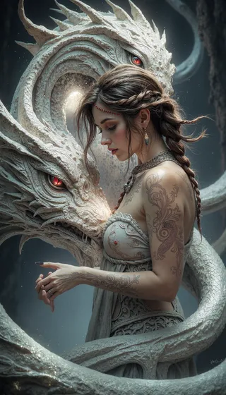 Una giovane donna con capelli intrecciati e tatuaggi intricati sul braccio si trova accanto a un colossale serpente bianco con occhi rossi luminosi in una foresta oscura, immersa in un'illuminazione chiaroscuro drammatica.