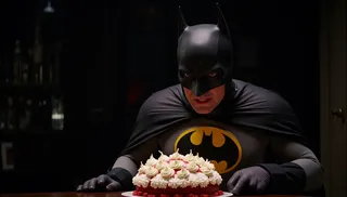 Batman in dark costume with cape eating a cake topped with cream in a dimly lit room