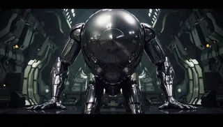 A giant futuristic robot made of glossy stainless steel positioned on all fours in a dimly lit industrial or sci-fi environment.