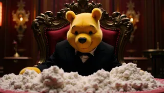 Winnie the Pooh dressed in a black morning suit sits on an ornate throne chair behind a table piled with white powder in a lavishly decorated throne room with dark, dramatic lighting.