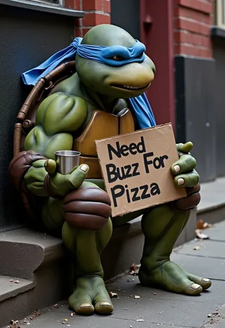 TMNT Raphael sitting on a dirty city sidewalk holding a tin cup and a cardboard sign that says 'Need Buzz For Pizza' with a blue mask and detailed green skin.