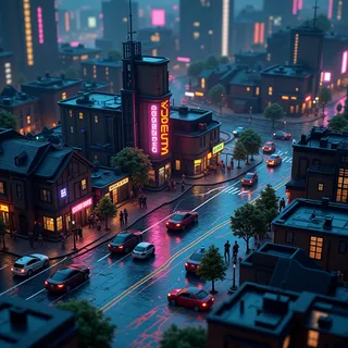 Isometric tilt-shift view of a cyberpunk city neighborhood at night with neon lights and wet, reflective rainy streets, cars, pedestrians, and buildings.