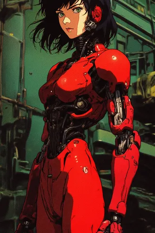 A semi-realistic 90s retro anime styled cyborg woman with dark hair and green eyes wearing a vivid red mechanical suit in a dark industrial dystopian setting.