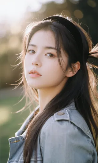 Portrait of a girl with black hair wearing a black headband and denim jacket, backlit by natural golden sunlight with lens flare and soft background.