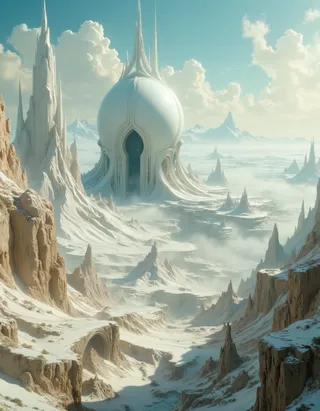 Hyper realistic panoramic view of a vast otherworldly landscape featuring colossal white architectural structures with dramatic lighting and mystical glowing amidst atmospheric haze.