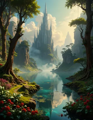 A hyper realistic cinematic panorama showing a serene lake surrounded by lush greenery and dramatic gothic baroque fantasy spires rising in the background under atmospheric haze.