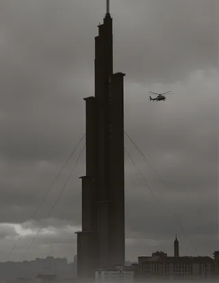Tall dystopian skyscraper in an Eastern European city with traditional buildings below, cloudy moody sky, and a grey metallic helicopter hovering nearby.