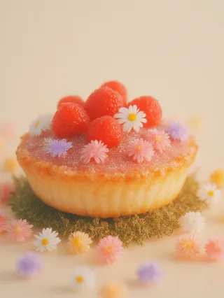 A tartlet topped with fresh raspberries and pastel-colored flowers placed on a bed of moss, set against a light beige background with bright studio lighting.
