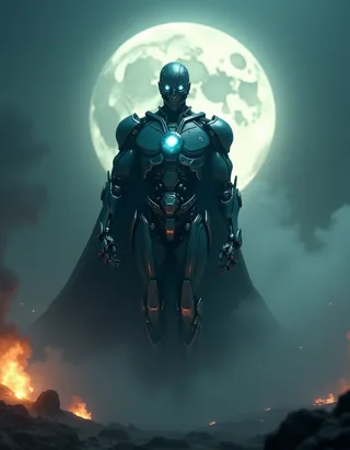 A robotic lord of darkness with glowing blue eyes and chest stands before a fractured moon, surrounded by electric fog and volcanic fires with volumetric light illuminating the scene.