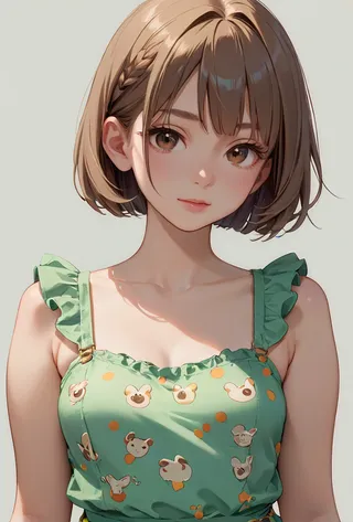 Portrait of a young woman with dark chestnut textured haircut and hazel eyes wearing a green dress with cute cartoon-like bear patterns and ruffled straps.