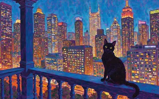 Oil painting of a black cat sitting on a skyscraper balcony overlooking a vibrant neon-lit cyberpunk city at night in impasto style.