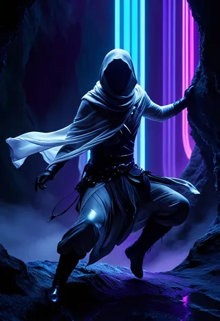 A hooded assassin crouches in a dynamic action pose inside a cave, with flowing white scarf and dark clothing, lit dramatically by neon blue and purple lights in a cyberpunk city setting.