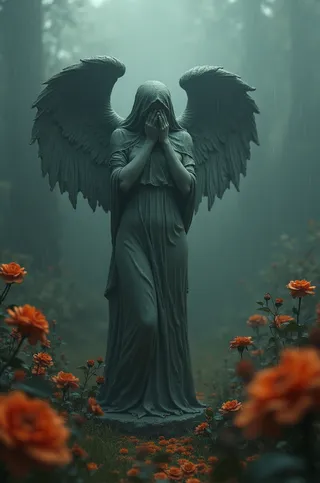 A stone angel statue with wings covering its face stands surrounded by vibrant orange roses in a foggy Victorian garden with cinematic, volumetric lighting creating a mysterious, melancholic atmosphere.