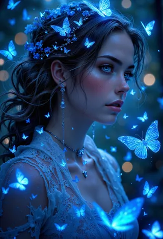 Profile of a sylphlike woman with raven hair adorned by azure blossoms, surrounded by glowing blue bioluminescent butterflies in a mystical forest.