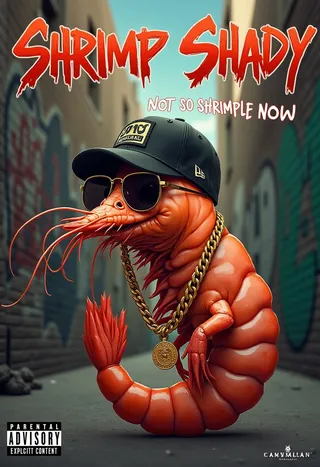 A shrimp dressed as a rapper wearing oversized gold chains, sunglasses, and a tilted baseball cap, set against a gritty urban alleyway with graffiti walls.