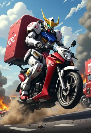 Gundam Barbatos performing a wheelie on a red and white KFC delivery scooter, carrying a large KFC backpack on a chaotic Japanese highway with explosions and dust.