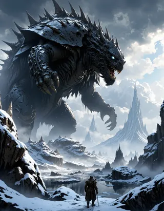 Hyper realistic and highly detailed enormous snow monster standing on icy terrain with spiked armor and glowing eyes, facing a lone warrior in a vast, snowy fantasy landscape under dramatic cloudy sky.