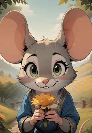 Anthropomorphic cute mouse with large green eyes and blush holding a yellow flower, wearing a blue dress outdoors with a scenic nature background.
