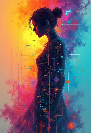 Abstract digital art of a woman's silhouette with neon circuitry and vivid colors blending into a futuristic fragmented cityscape.