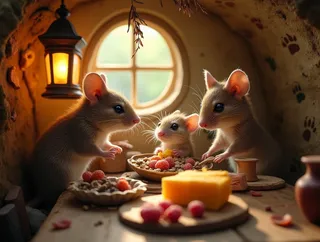 Three mice in a cozy miniature kitchen illuminated by a warm lantern, sharing breakfast with tiny food and intricate details.