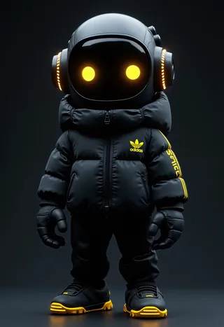 A CGI-rendered small futuristic robot with glowing neon yellow eyes wearing a black Adidas puffy jacket and neon yellow-accented sneakers against a dark gradient background.