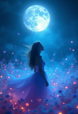 大きな満月の下で輝く花びらの嵐の中に流れるドレスを着た女性が青と紫の照明に照らされた夜のシーンに立っている。