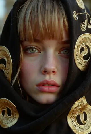Close-up portrait of a fair-skinned Finnish girl with light blonde hair, wearing a black velvet cape embroidered with golden spirals following the golden ratio.