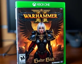 Close-up photo of an Xbox One Warhammer 40K video game case featuring a Sister of Battle in black and red Sororitas power armor with short white hair, standing epic against a fiery battlefield background, titled Bolter Bitch in gothic font.