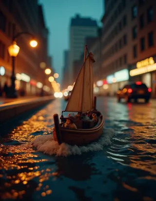 A small wooden boat with a beige sail navigating through water in a New York city street at night, captured with tilt shift photography and glowing street lights.