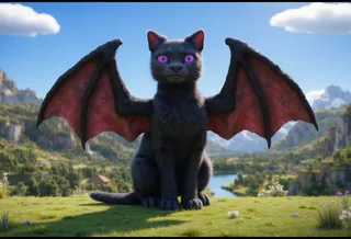 A feral black-furred cat with large bat-like wings and vivid purple cat eyes sitting on grass with a scenic mountain and river landscape background under a blue sky.