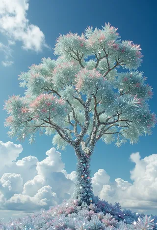 A surreal tree made entirely of shimmering glass branches and iridescent foliage set against a bright blue sky with fluffy clouds.