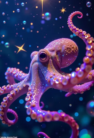 A surreal iridescent octopus with sparkling tentacles floating gracefully through a galaxy of glowing stars and colorful cosmic orbs.