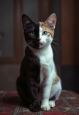 Photorealistic image of a cat with its body split down the middle into a purely black side and a white side, showcasing detailed fur under atmospheric volumetric and cinematic lighting.