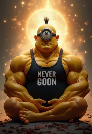 Highly detailed image of an extremely muscular anthropomorphic Minion with one eye, levitating in lotus position wearing a black tank top that says 'NEVER GOON', bathed in a glowing mystical aura.