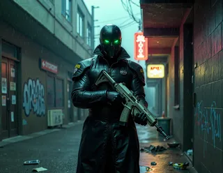 A futuristic police officer wearing a full black armored uniform and mask with glowing green eyes, standing in a rainy graffiti-covered alley illuminated by neon signs.