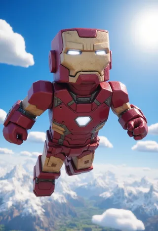 Minecraft-style blocky Iron Man character with shiny clean red and gold armor flying through a bright blue sky with clouds and mountains below.