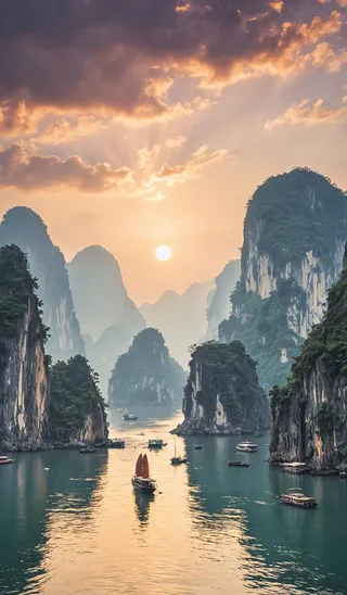Sunset over Halong Bay, Vietnam with traditional boats navigating calm waters surrounded by towering karst limestone formations under a dramatic vintage-toned sky.